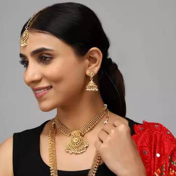 Gold-plated south indian bridal jewelry set - Necklace ::, long chain earrings and mang tikka 2
