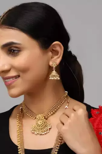 Gold-plated south indian bridal jewelry set - Necklace ::, long chain earrings and mang tikka