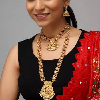Gold-plated south indian bridal jewelry set - Necklace ::, long chain earrings and mang tikka 3