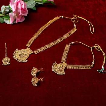 Gold-plated south indian bridal jewelry set - Necklace ::, long chain earrings and mang tikka 4