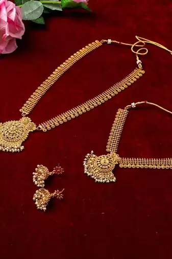 Gold-plated south indian bridal jewelry set - Necklace ::, long chain earrings and mang tikka