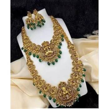 Opulent gold-plated temple jewelry set with emerald accents - bridal necklace, long chain, and jhumka earrings 2