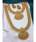 exquisite gold-plated lakshmi temple jewelry set - necklace, long chain, and jhumka earrings