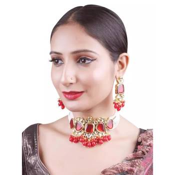 Elegant red and gold indian kundan choker necklace and earring set 1