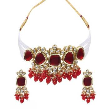 Elegant red and gold indian kundan choker necklace and earring set 2