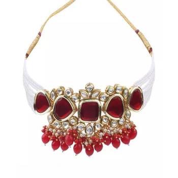 Elegant red and gold indian kundan choker necklace and earring set 3