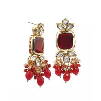 Elegant red and gold indian kundan choker necklace and earring set 4