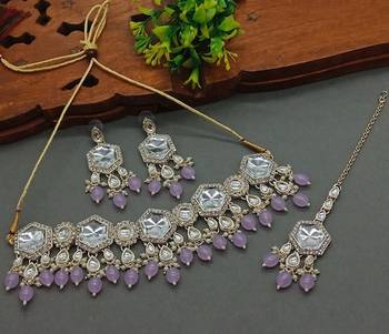 Elegant kundan-style purple and white necklace, earrings, and tikka set 1