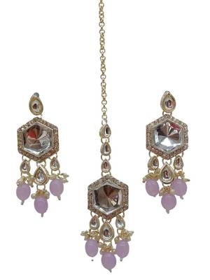 Elegant kundan-style purple and white necklace, earrings, and tikka set 3