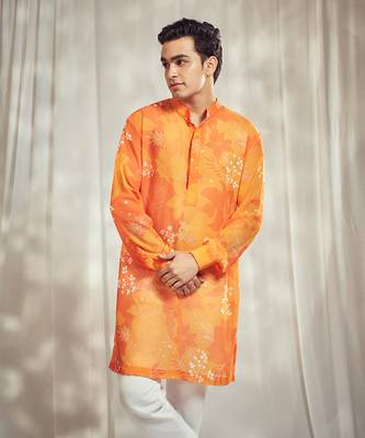 Yellow and orange floral print kurta. 2