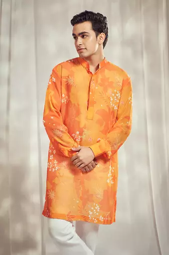 Yellow and orange floral print kurta.
