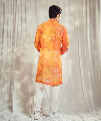 Yellow and orange floral print kurta. 3
