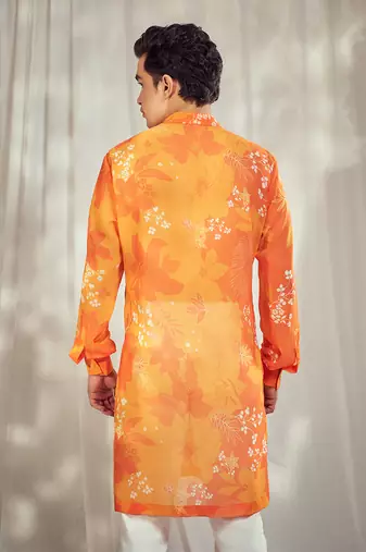 Yellow and orange floral print kurta.