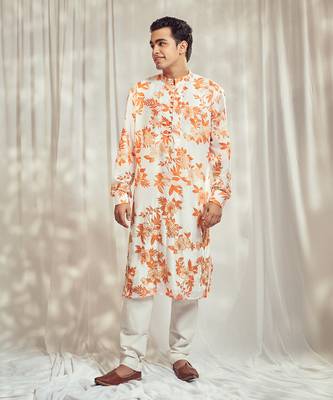 Burnt orange cutdana embroidered silk print kurta. 1