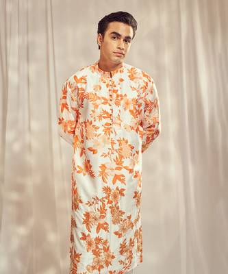 Burnt orange cutdana embroidered silk print kurta. 2