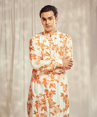 Burnt orange cutdana embroidered silk print kurta. 3