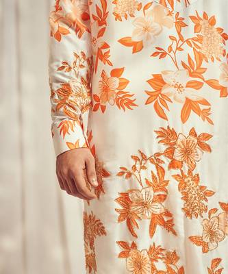 Burnt orange cutdana embroidered silk print kurta. 4