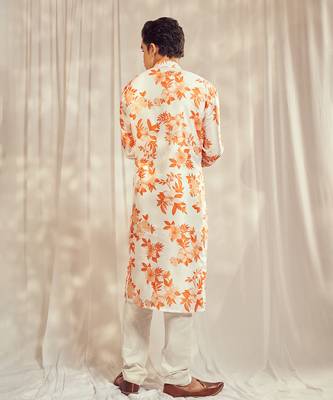 Burnt orange cutdana embroidered silk print kurta. 5