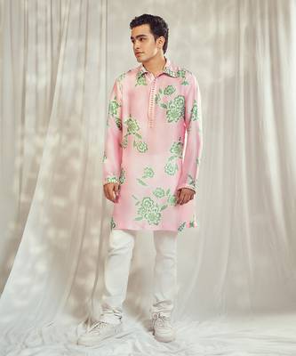 Baby pink print embellished kurta. 1
