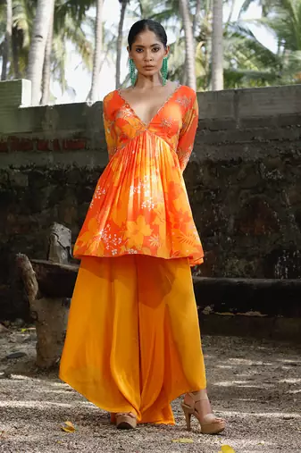 Yellow orange embroidered peplum kurti pant with dupatta