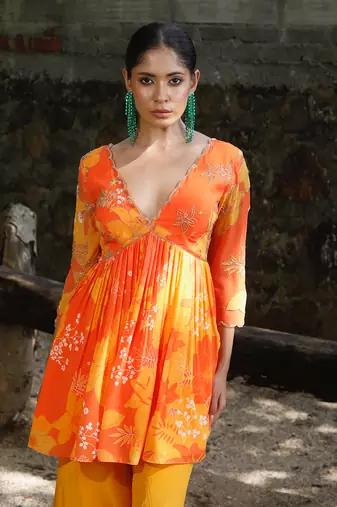 Yellow orange embroidered peplum kurti pant with dupatta
