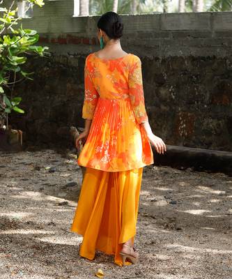 Yellow orange embroidered peplum kurti pant with dupatta 4