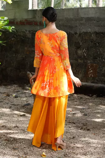Yellow orange embroidered peplum kurti pant with dupatta