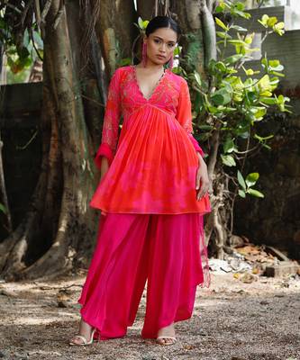 Pink red embroidered peplum kurti pant with dupatta 1