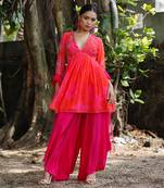 Pink red embroidered peplum kurti pant with dupatta