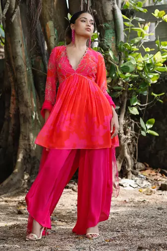 Pink red embroidered peplum kurti pant with dupatta