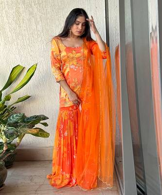 Yellow orange scoop scallop embroidered kurti sharara with dupatta 1