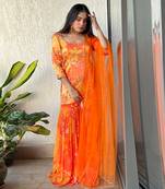 Yellow orange scoop scallop embroidered kurti sharara with dupatta