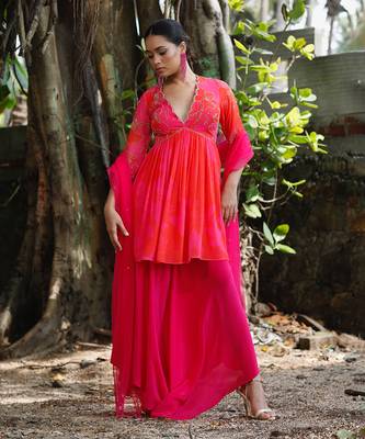 Pink red embroidered peplum kurti pant with dupatta 3
