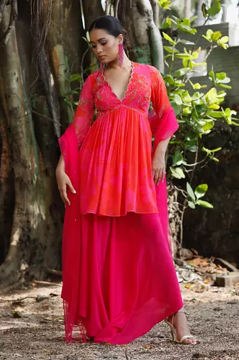 Pink red embroidered peplum kurti pant with dupatta