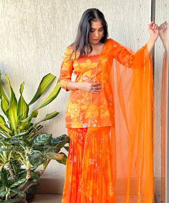 Yellow orange scoop scallop embroidered kurti sharara with dupatta 2