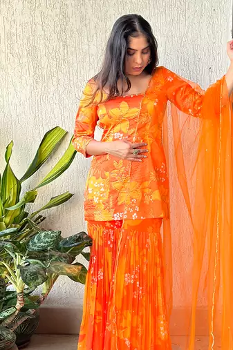 Yellow orange scoop scallop embroidered kurti sharara with dupatta