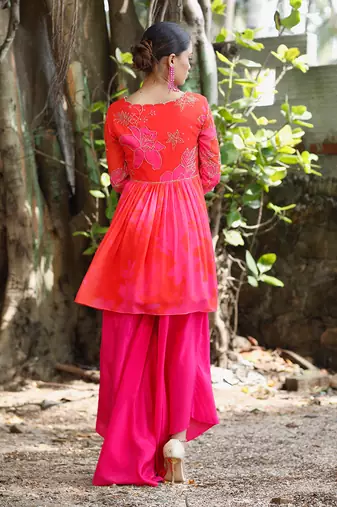 Pink red embroidered peplum kurti pant with dupatta