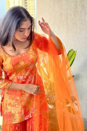 Yellow orange scoop scallop embroidered kurti sharara with dupatta