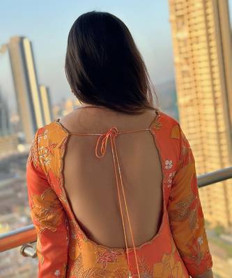 Yellow orange scoop scallop embroidered kurti sharara with dupatta 4