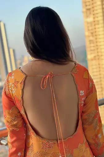 Yellow orange scoop scallop embroidered kurti sharara with dupatta