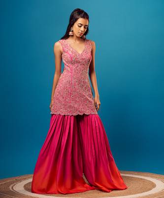 Pink-orange ombre floral sharara set 2