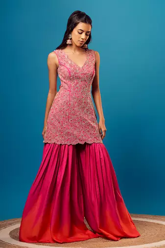 Pink-orange ombre floral sharara set