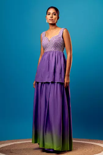 Purple-green ombre criss-cross peplum set