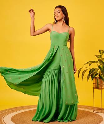 Light green mirror-work long top sharara set 1