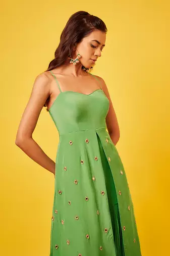 Light green mirror-work long top sharara set