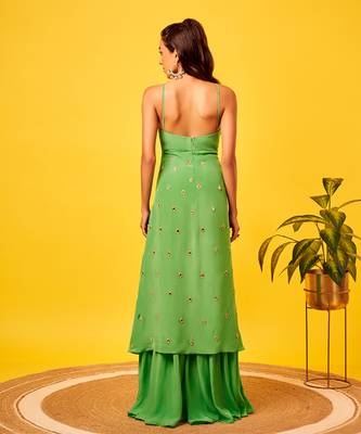 Light green mirror-work long top sharara set 3