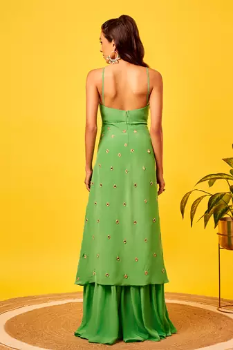 Light green mirror-work long top sharara set