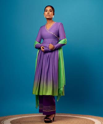 Purple-green ombre angrakha anarkali set 1