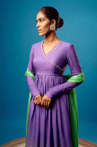 Purple-green ombre angrakha anarkali set