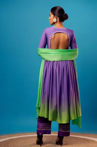 Purple-green ombre angrakha anarkali set